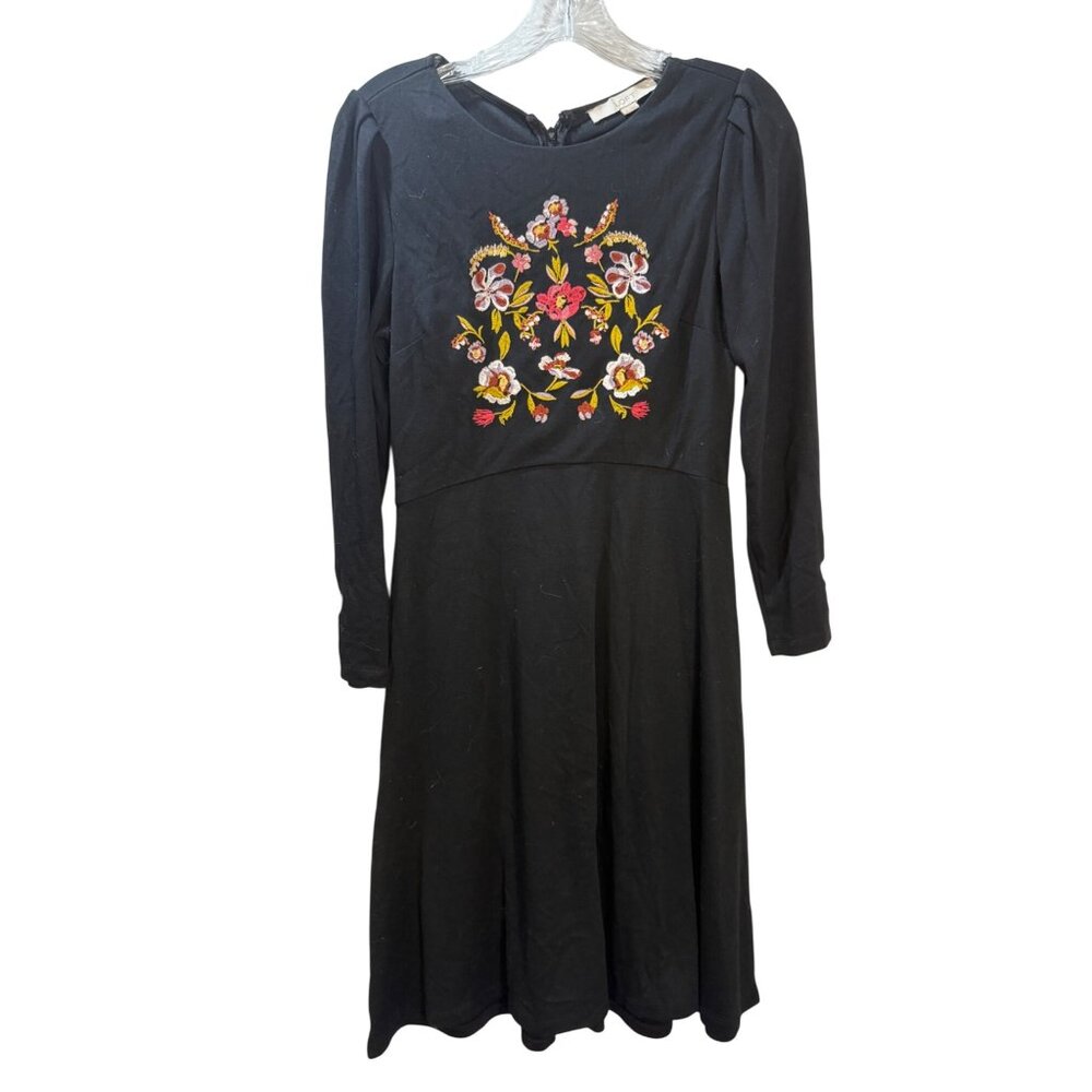 Loft Womens Black Floral Embroidered Dress‎ Size 0
